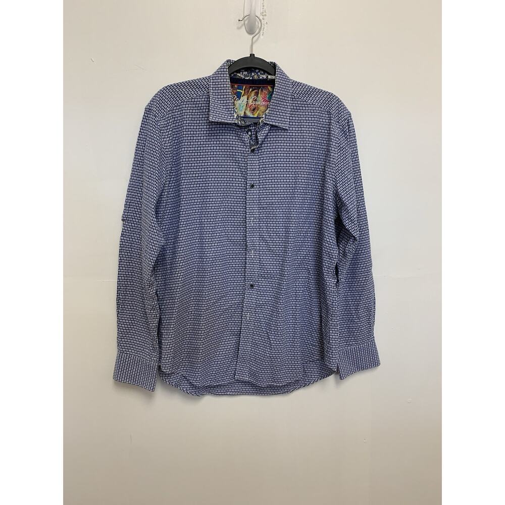 Robert Graham Blue White Checked Pattern Floral Flip Cuff Size Medium